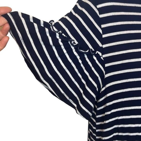Pleione Navy White Stripe Ruffle Sleeve Peplum Knit Top Medium Preppy Nautical - Picture 3 of 6